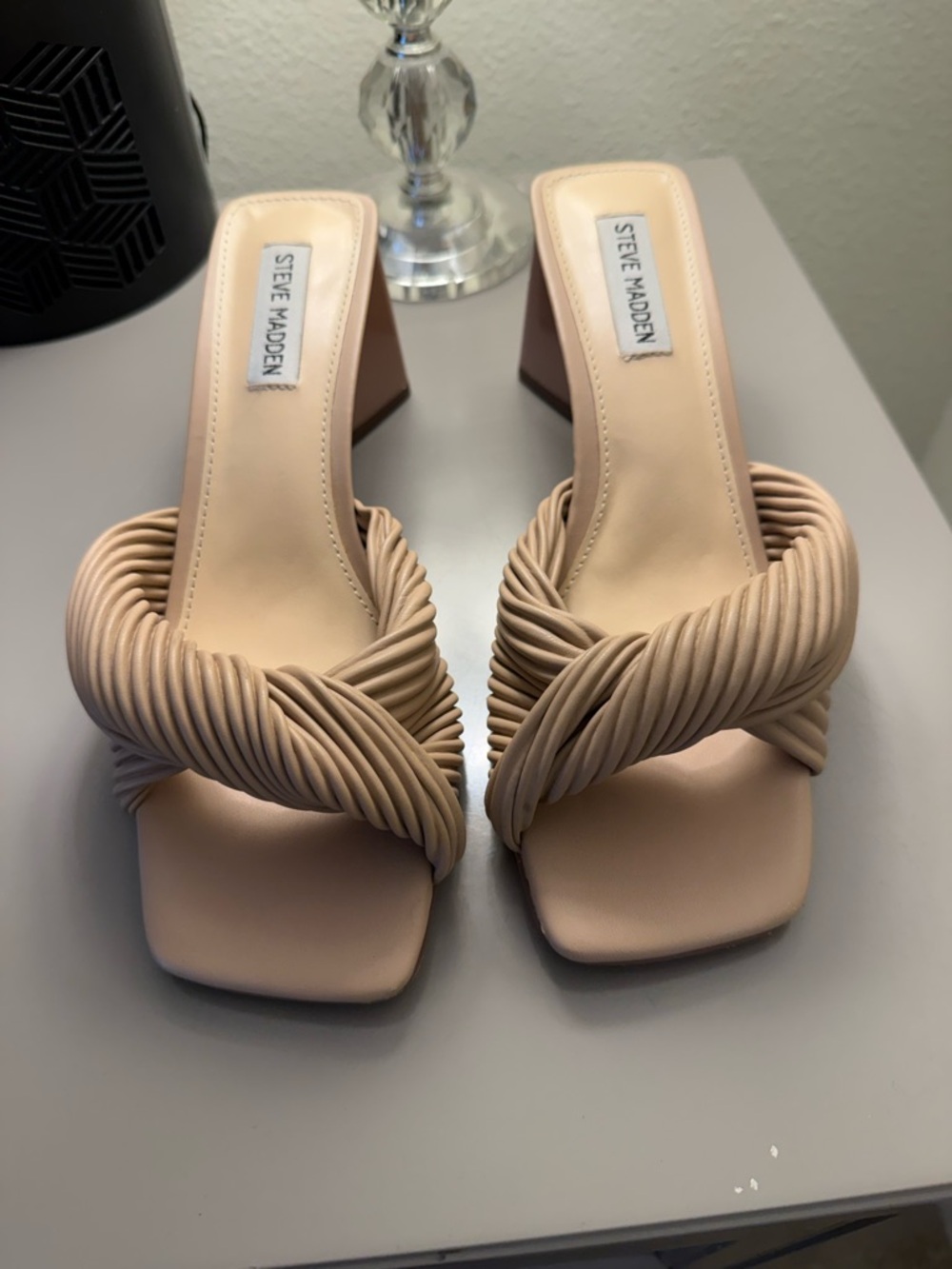 Steve Madden Nude Twisted-Strap Block Heel Sandals
